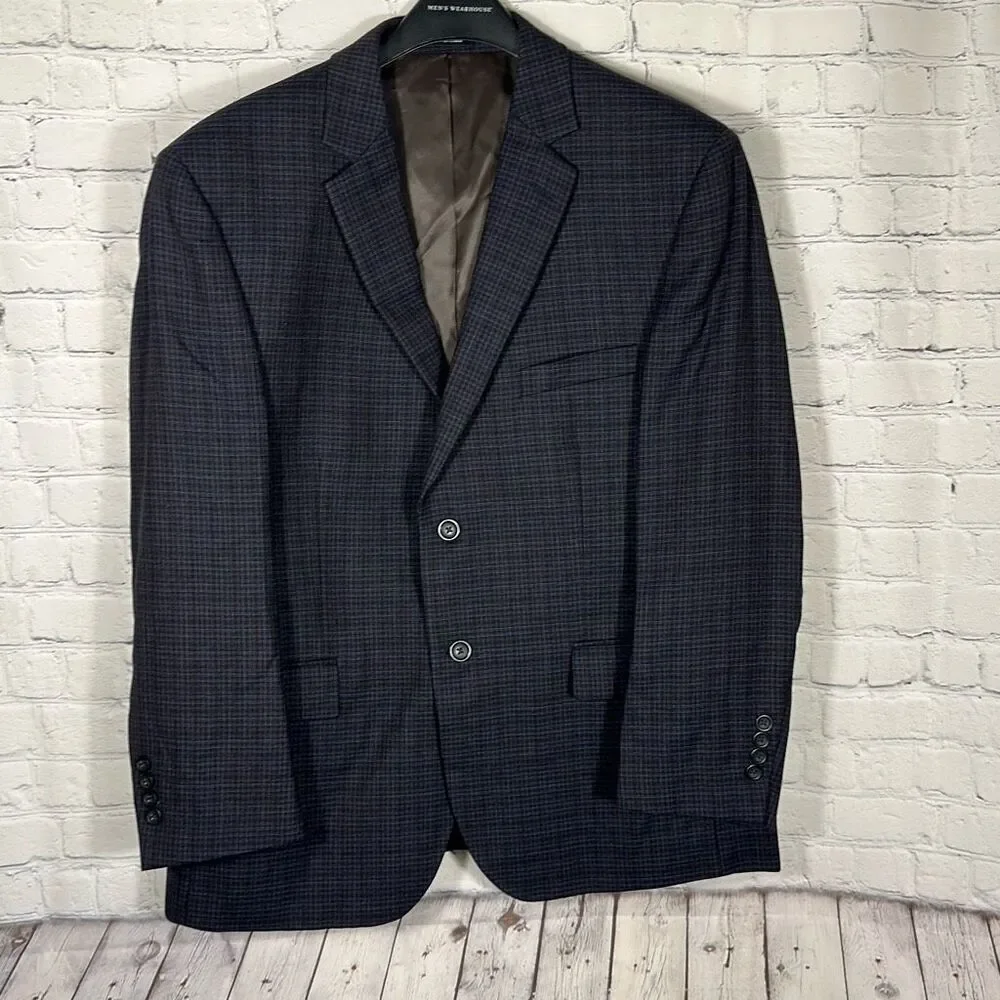 Pronto Uomo Blue Plaid Wool Sport Coat Mens 44S Two Button‎ Blazer Inner Pockets